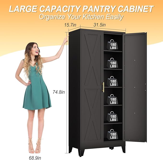 75" Tall Metal Kitchen Pantry Storage Cabinet, Freestanding Cupboard with 2 Doors and 5 Adjustable Shelves, Standing Storage for Kitchen, Bathroom, Garage, Dinning Room or Utility Room（Black）-CasaMuseHome
