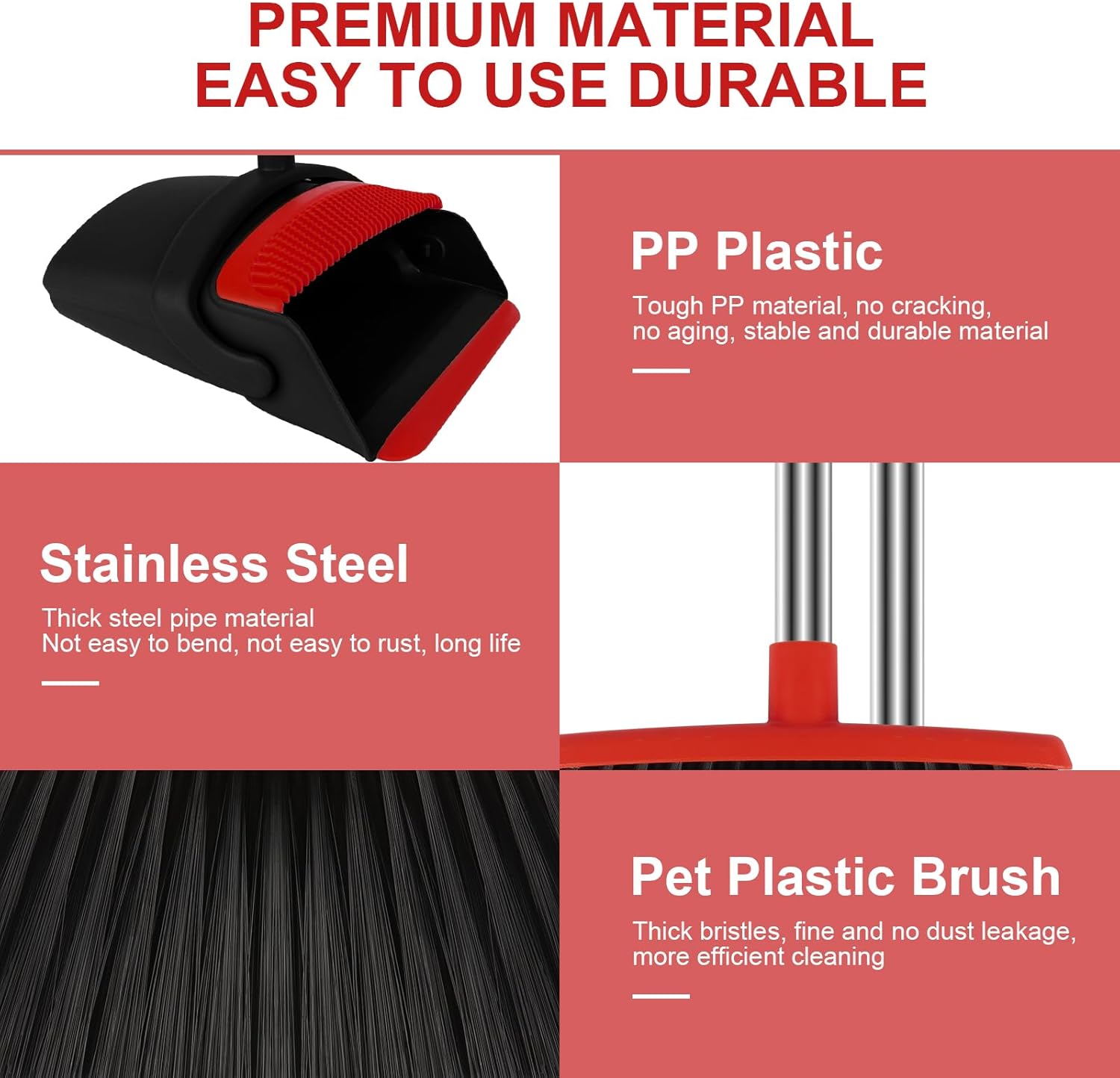 Broom and Dustpan Set for Household, Red Broom with Dustpan Combo Set, 51" Long Handle Dust pan Set for Dog Cat and Hair Clean