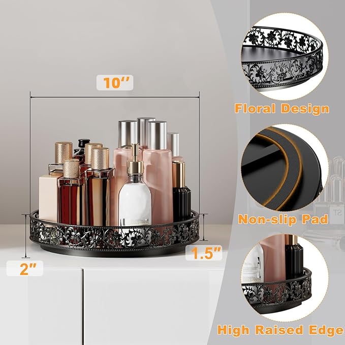 10" Lazy Susan Organizer Turntable,360 Rotating Spice Rack Lazy Susan for Cabinet Dining Table Top Countertop Pantry Kitchen Cupboard Vanity Bathroom Refrigerator Black-CasaMuseHome