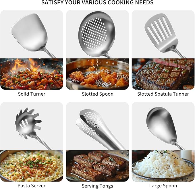 304 Stainlss Steel Kitchen Utensils Set, 11 Pcs Long Metal Cooking Utensil Gadgets Tools Set with Spatula, Ladle, Spoon, Ladle, Skimmer, Tunner, Pasta Server, Tongs(Silver, Dishwasher Safe)-CasaMuseHome