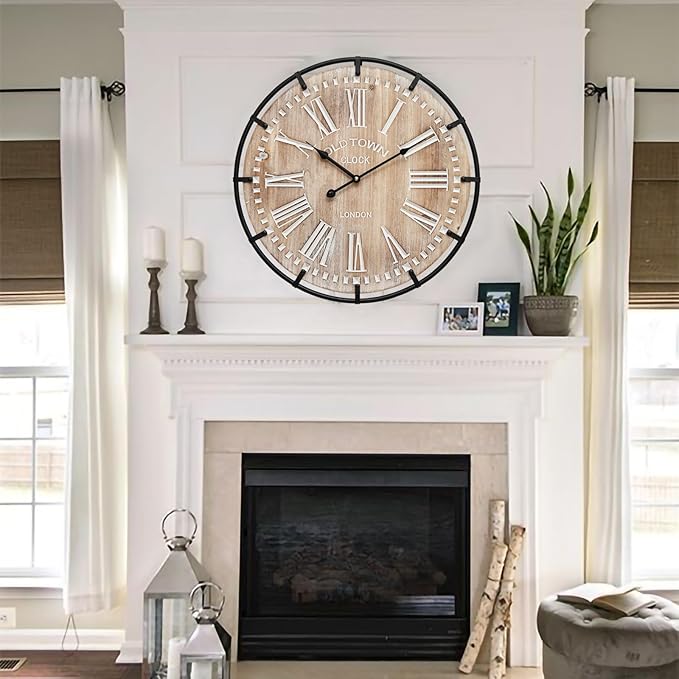 24 Inch Grand Farmhouse Wall Clock, Vintage-Inspired Wood & Metal Design with Large Etched Numbers, Silent Battery-Powered Timepiece for Offices, Kitchens, Bedrooms, and Living Rooms-CasaMuseHome