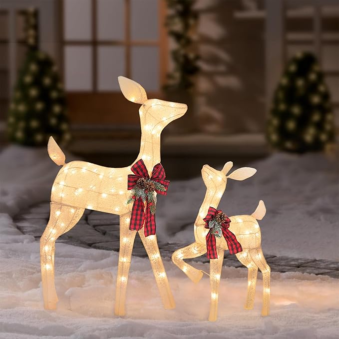2 Pcs Reindeer Christmas Decoration, Xmas Lighted White Shimmering Doe and Fawn Display Set with 105 Warm White Lights for Yard Lawn Indoor Outdoor-CasaMuseHome