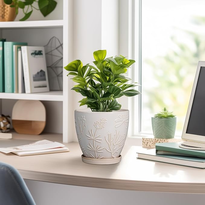 6.9 Inch Ceramic Plant Pot for Indoor Plants Outdoor Round Planter Flower Pot with Drainage Hole and Saucer for Home Garden Office Decor White-CasaMuseHome