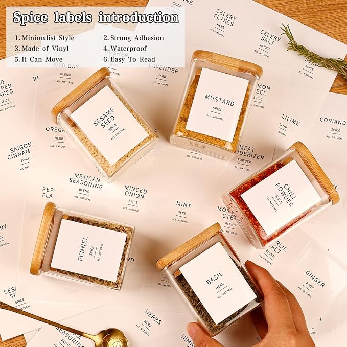 12 Pcs Square Glass Spice Jars with Natural Bamboo Lids - 9oz Airtight Herb Containers with 148 Waterproof Minimalist Spice Labels Preprinted - Empty Small Seasoning Jars for Kitchen Pantry-CasaMuseHome
