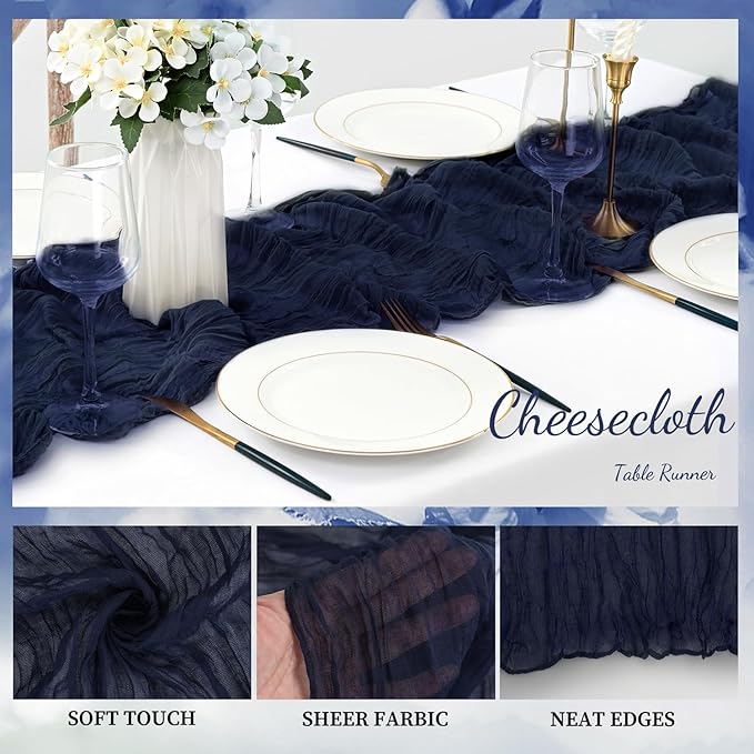 20 Pack Navy Blue Cheesecloth Table Runner 10FT Boho Fabric Rustic Cheese Cloth Table Runner for Wedding Bridal Shower Baby Shower Gauze Sheer Birthday Party Table Decorations 20 x 120 Inch Long-CasaMuseHome