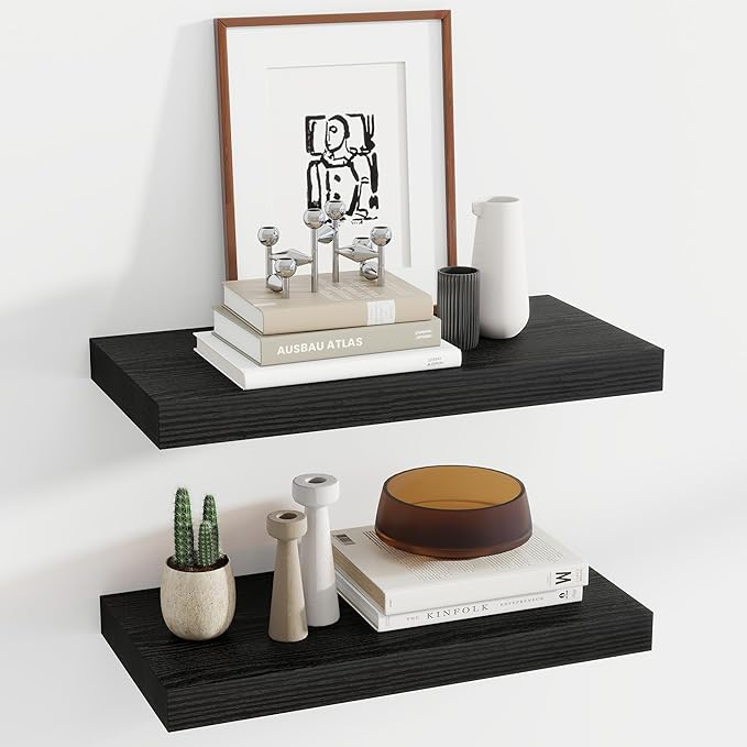 12 Inch Deep Floating Shelves, 24 Inch Long Floating Shelves for Wall, Floating Shelf with Invisible Brackets, Deep Shelves for Bathroom, Bedroom, Living Room, 2 Pack, Black-CasaMuseHome