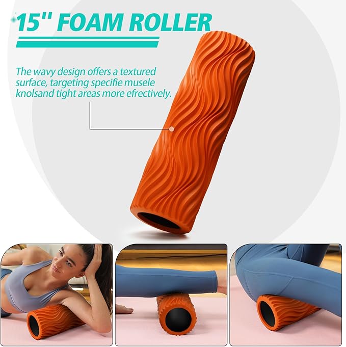 5-in-1 Foam Roller Set, Massage Roller Stick, Massage Ball, Resistance Band for Deep Muscle Massage, Trigger Point Release, Pilates, Yoga (Orange-Wave)-CasaMuseHome