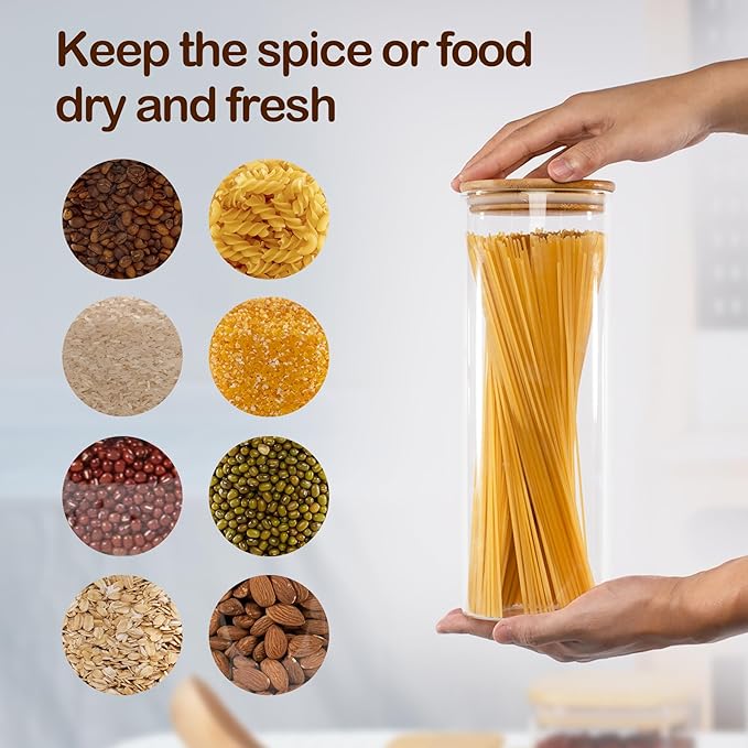 70oz Straight cylindrical Airtight Storage Jars with Bamboo Lid Set of 3 Storage Container Glass Jars, Kitchen Canister for Noodles, Pasta and Coffee beans (‎with Black Lable)-CasaMuseHome