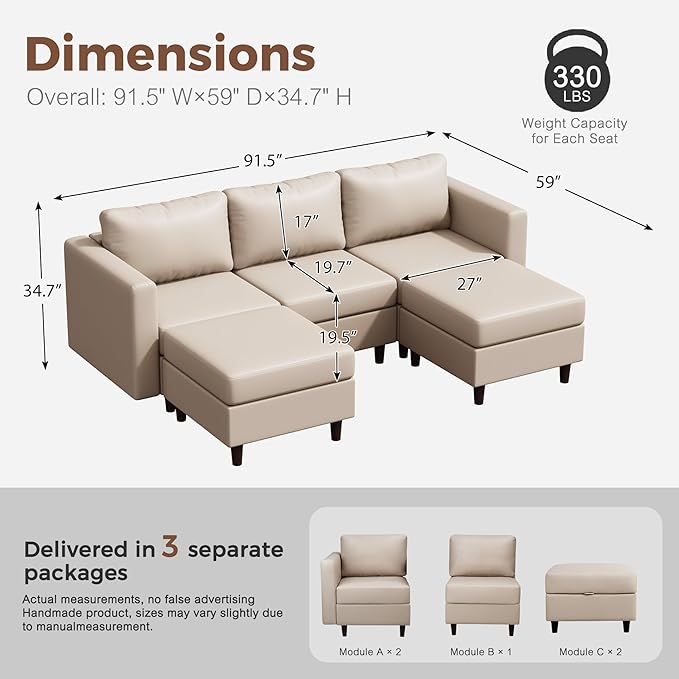 91.5" Faux Leather U Shaped Modular Sectional Sofa, 5 Seater Couch with Movable Ottoman Deep Seat and Storage Seat with Removable Cover for Living Room, Apartment - Whitesand-CasaMuseHome