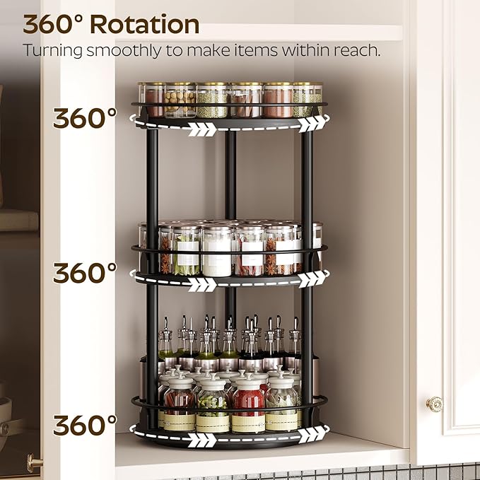 3-Tier Lazy Susan Organizer, Rotating Spice Rack, Spinning Organizer, Industrial Turntable Spice Rack Organizer for Cabinet, Kitchen Countertop, Pantry, Black SR23BK-CasaMuseHome