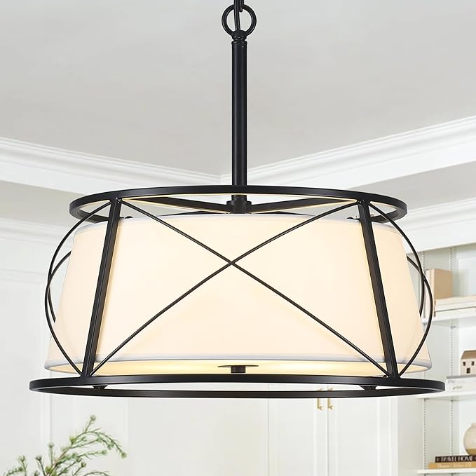 15.7" Black Drum Chandelier,3-Light Modern Farmhouse Chandelier,White Fabric Drum Shade Pendant Light Fixture for Dining Room Kitchen Island Bedroom Entryway-CasaMuseHome