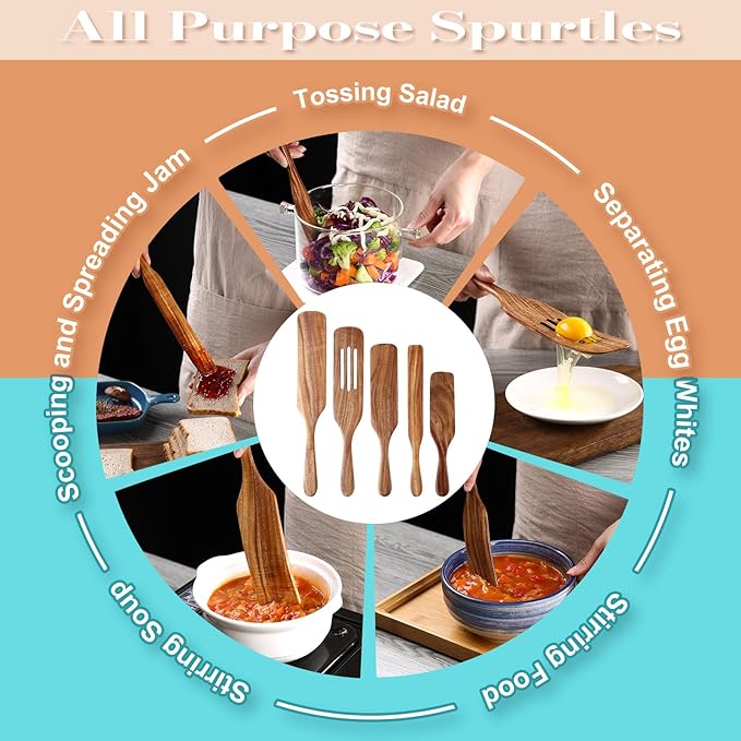 5 Pcs Wooden Spurtle Set, Natural Teak Kitchen Utensil Set Heat Resistant Non-Stick Wooden Spoons Tools for Cooking, Stirring, Mixing, Serving, Spurtles Kitchen Tools As Seen On TV-CasaMuseHome