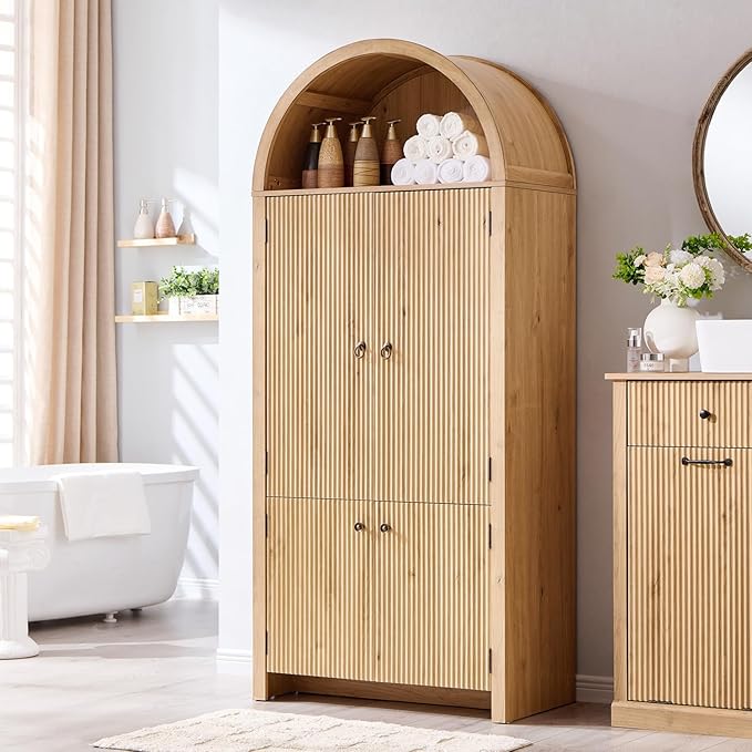 71" Tall Arched Bathroom Storage Cabinet, Modern Fluted Storage Cabinet w/Doors, 3 Adjustable Shelves, 6 Door Shelves, Wood Freestanding Cabinet for Bathroom, Entryway, Hallway, Natural-CasaMuseHome