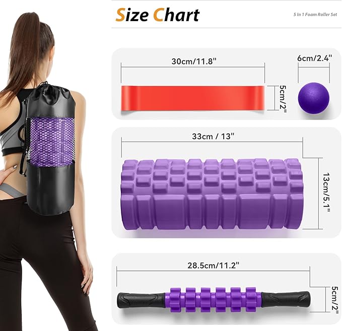 5 in 1 Foam Roller Set for Deep Tissue Muscle Massage, High Density Trigger Point Fitness Patented Exercise Foam Roller, Massage Roller, Massage Ball, Resistance Band, for Whole Body(Purple)-CasaMuseHome