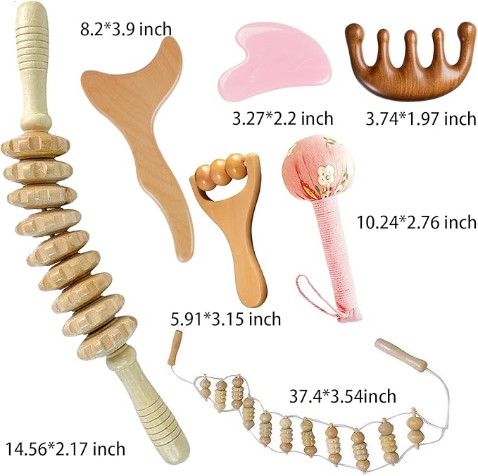 7-in-1 Lymphatic Drainage Massager Set，Wood Therapy & Cellulite Massager Tools for Gua Sha, Full Body Meridian Detox (Face/Head/Waist/Legs)，Maderotherapie Outils for Body Sculpting, lymphatic roller-CasaMuseHome