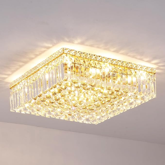 12-Lights Gold Crystal Flush Mount Ceiling Light Fixtures,Elegant Crystal Chandelier Pendant Ceiling Lamp for Bedroom,Living Room,Dining Room,Hallway H5.9 x W20 x L20 (Bulb Not Included) Square-CasaMuseHome