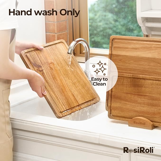 Acacia Wood Cutting Board for Kitchen, 3 Set with Holder - FSC Certified Large Wood Charcuterie Cheese Board with Handles and Juice Grooves, Wooden Chopping Block, Ideal Gift Set of 3 (S/M/L)-CasaMuseHome