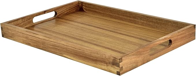 Acacia Wood Serving Tray with Handles - 17-Inch Decorative Wooden Tray - Perfect for Breakfast, Lunch, Dinner, Appetizers, Patio, Ottoman, Coffee Table - Durable Living Room and Couch Tray-CasaMuseHome