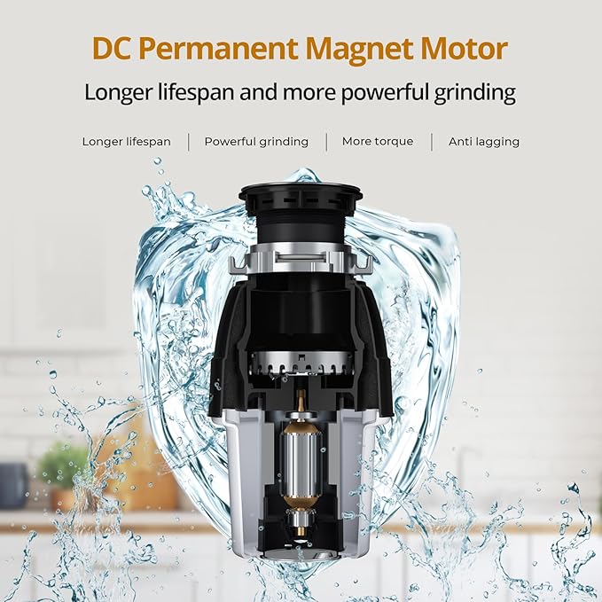 3/4 HP Corded Garbage Disposal for Kitchen Sinks, TECASA Continuous Feed Food Waste Disposer, Sound Reduction, Power Cord Included, Grey and Black - HyperCrush 75-CasaMuseHome