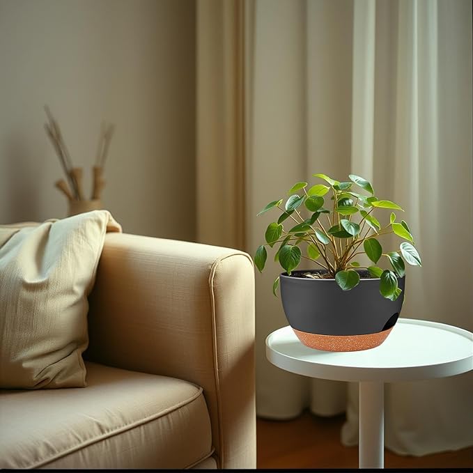 2 Pack Hanging Planters for Indoor Outdoor Plants, 12 Inch Self Watering Hanging Pot with Drainage Holes and Saucer, Plastic Plant Pots, Black Brown Flower Pots for Kitchen, Balcony, Garden-CasaMuseHome