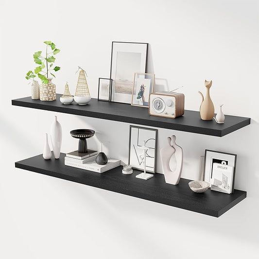 55" Floating Shelves for Wall, 12" Deep Slim Black Floating Shelves, Wall-Mounted Shelves for Bedroom, Living Room, Kitchen, Bathroom - Set of 2-CasaMuseHome