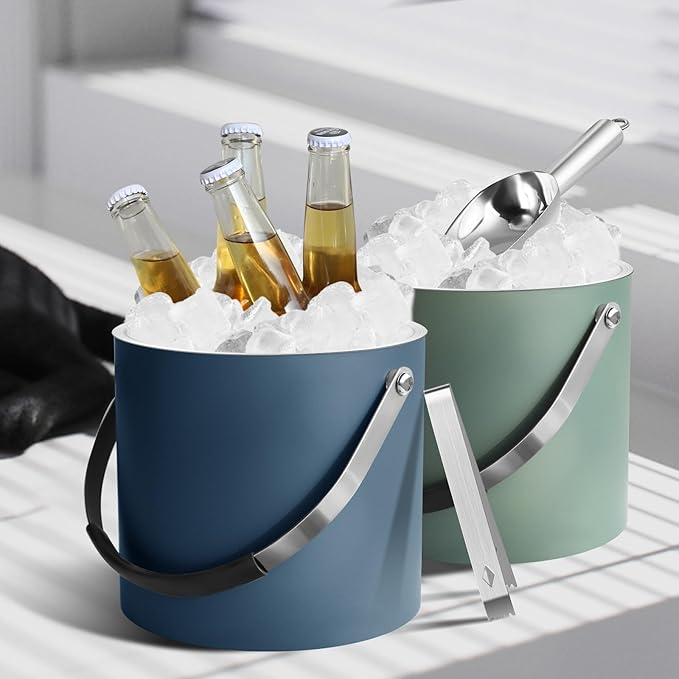 3L Ice Bucket with Silicone Lid, Scoop, Tongs & Strainer, Stainless Steel Double Wall Insulated Ice Buckets for Parties & Cocktail Bar, Outdoor Champagne Ice Container Bin, Navy-CasaMuseHome