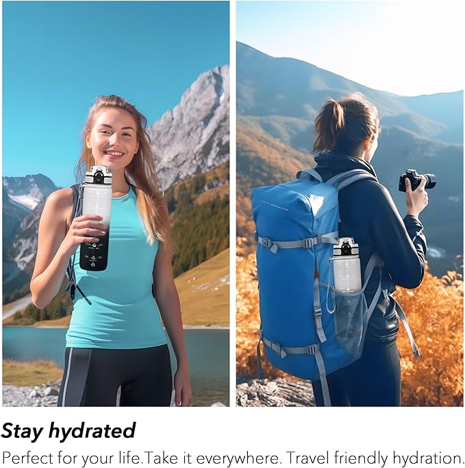 32oz Motivational Water Bottles with Time Marker & Fruit Strainer, Transparent Gradient Color Water Bottle with Times to Drink, Leakproof & BPA Free, Reusable Bottle with Strap (No Straw)-CasaMuseHome