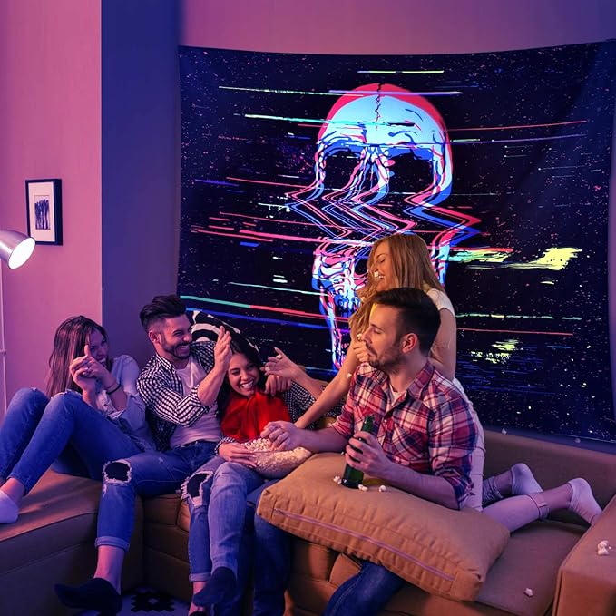 ADDWel Blacklight Skull Tapestry, Black Psychedelic Tapestry Glow In The Dark, UV Reactive Black Light Tapestries Posters Wall Hanging for Room Decor(50 * 60inches)-CasaMuseHome