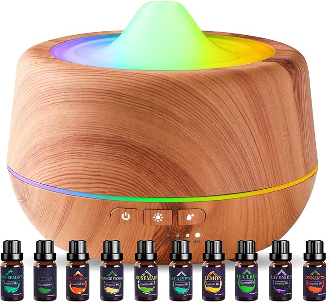 500ml Essential Oil Diffuser with 10 Scented Essential Oils,Wood Grain Ultrasonic Oil Diffuser,Aromatherapy Diffuser with Remote Control,Timer,7 Colors Light,2 Mist Modes for Large Room Office,Yellow-CasaMuseHome