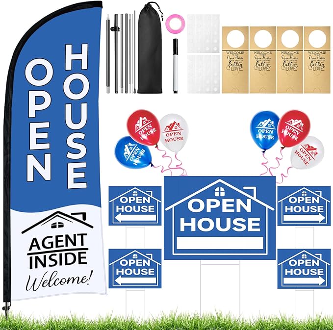 44 Pcs Open House Signs for Real Estate Agent Supplies, Double Sided Open House Flag Kit for Outside, 7.6 x 5.4 Ft Blue Banner Flag Poles Set with Directional Arrows Yard Sign Stakes Balloons-CasaMuseHome