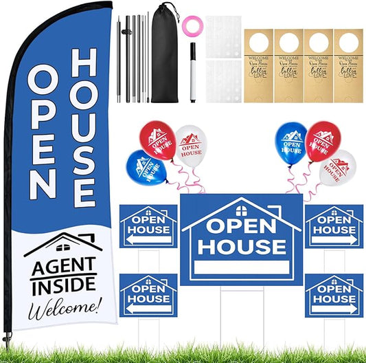 44 Pcs Open House Signs for Real Estate Agent Supplies, Double Sided Open House Flag Kit for Outside, 7.6 x 5.4 Ft Blue Banner Flag Poles Set with Directional Arrows Yard Sign Stakes Balloons-CasaMuseHome