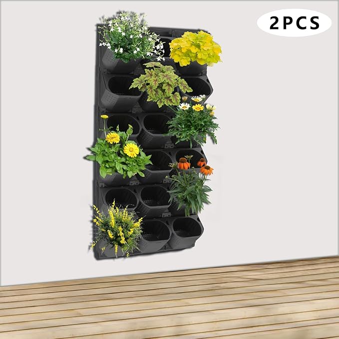 12Pieces 3-Pot Wall Planter Vertical Garden Plant Walls Wall Mounted Vertical Planter with Water-Storage Layer Stackable Wall-Mounted Flower Pot for Gardens, Balconies 180.78lbs Total Capacity (Black)-CasaMuseHome