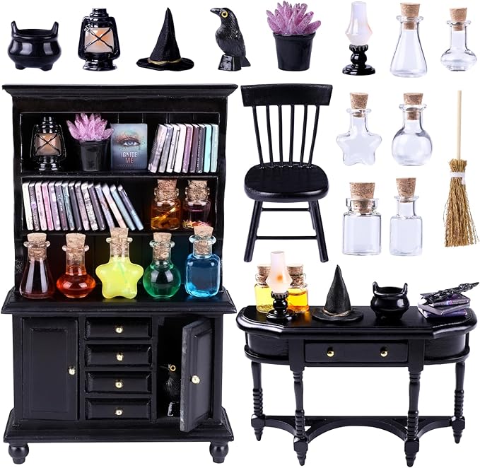 56 Pcs Halloween Miniatures Decorations 1:12 Scale Magic House Accessories Mini Wooden Bookshelf Furniture Set Tiny Sorcery Bottles Books Desk Chair Witch Hat Dollhouse Decor-CasaMuseHome