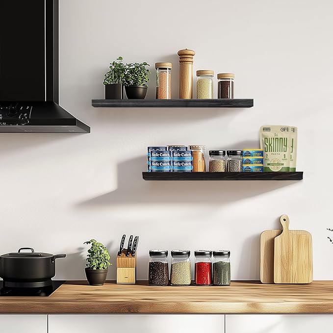 24"x6.8"x1.2" Solid Wood Floating Shelves 2-Pack - Rustic Black Finish with Hidden Brackets, Perfect for Storage and Décor in Living Room, Kitchen, Bedroom-CasaMuseHome