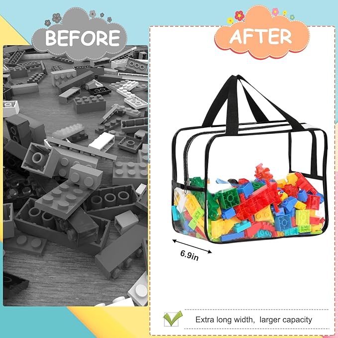 6 Packs Widen X-Large Toy Storage Bags 12.6×9.25×6.9In with Labels, Reusable Clear PVC Board Game Storage, Travel Waterproof Organizer Bags with Zipper for Building Blocks, Puzzle, Stuffed Animals-CasaMuseHome