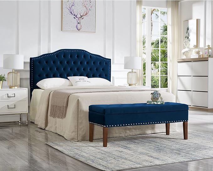 24KF Upholstered Button Tufted Queen Headboard with Nailhead Trim, Soft Velvet Fabric Headboard Queen/Full WM-6031-Q-NAVY-CasaMuseHome