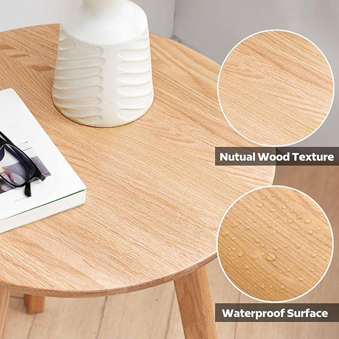 100% Solid Oak Round Side Table Set of 2, Small Bedside Table for Small Spaces, Living Room End Table with Stable Frame, Modern Nightstand for Bedroom Couch(Natural, 17.71" D x 19.68" H)-CasaMuseHome