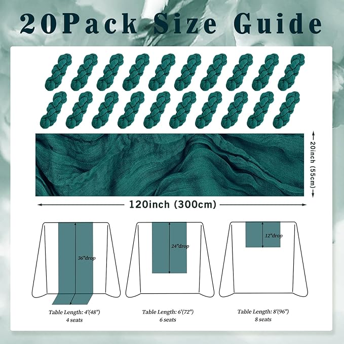 20 Pack Teal 10FT Cheesecloth Table Runner Rustic Gauze Cheese Cloth Table Runner for Wedding Bridal Baby Shower Table Decorations Boho Fabric Sheer Birthday Party Table Decor 20 x 120 Inch Long-CasaMuseHome