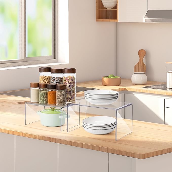 Acrylic Clear Kitchen Rack for Dishes, Spices Jars and Mugs, Kitchen Counter Cabinet Organizer, Clear Spice Rack Shelves, 5mm Thick, 2 Pack-CasaMuseHome