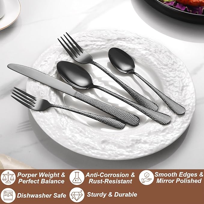 20 Pcs Black Silverware Set for 4 with Hammered Design, Food Grade Stainless Steel Flatware Set, Eating Utensils Sets Include Fork/Knife/Spoon, Cutlery Set, Dishwasher Safe-CasaMuseHome