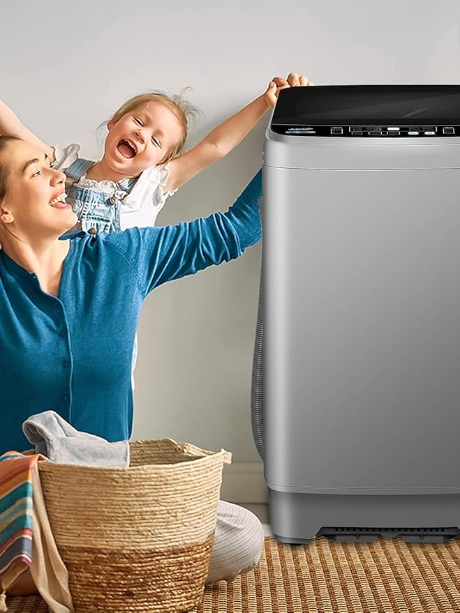 25 lbs Full Automatic Washing Machine with LED Display Compact Washing Machine with Drain Dump, 10 Wash Programs and 8 Water Levels Ideal for Dorms, Apartments, RV, Grey-CasaMuseHome