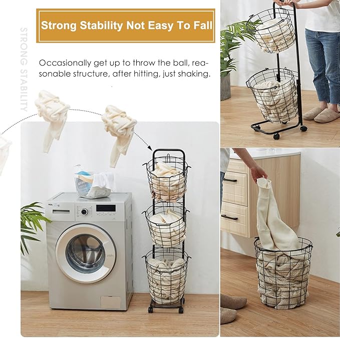 3 Tier Laundry Basket with Rolling Lockable Wheels Wire Metal Sorter Storage Trolley Shelf Basket Durable Metal Sorter Clothes Storage Trolley Shelf with Removable Hamper for Organizing Clothes-CasaMuseHome