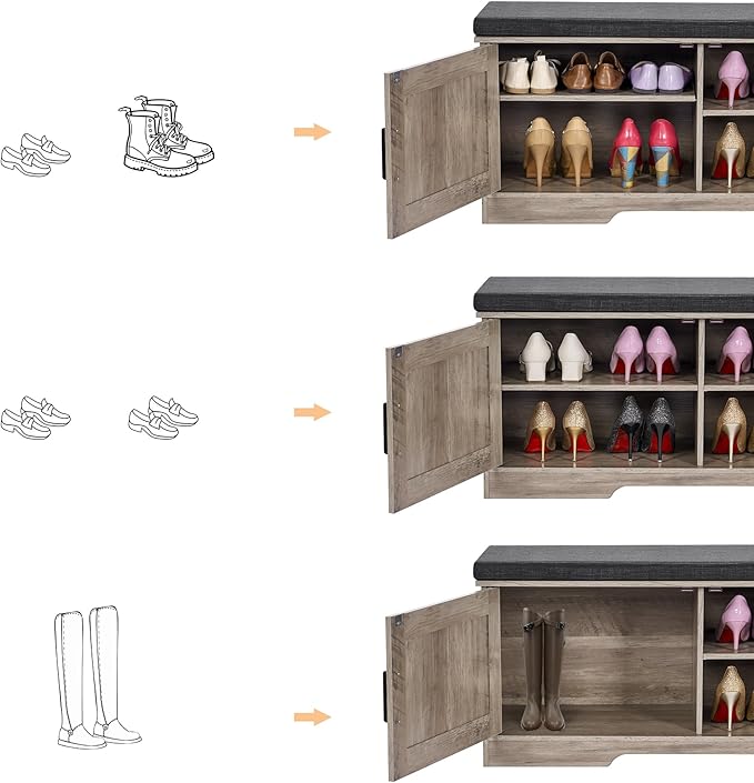 2-Tier Storage Bench, Shoe Bench with Padded Seat Cushion, Entryway Bench with 2 Barn Doors, Adjustable Shelf, 13.8" D x 39.4" W x 17.7" H, for Entryway, Living Room, Bedroom, Greige-CasaMuseHome