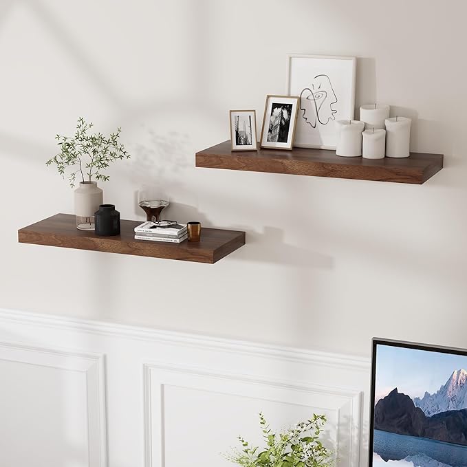 24 x 9 Floating Shelves, 9 Inch Deep Floating Shelf Wall Mounted, 24 Inch Bathroom Shelves Set of 2, Rustic Wood Wall Shelf for Bedroom, Living Room, Walnut Color-CasaMuseHome