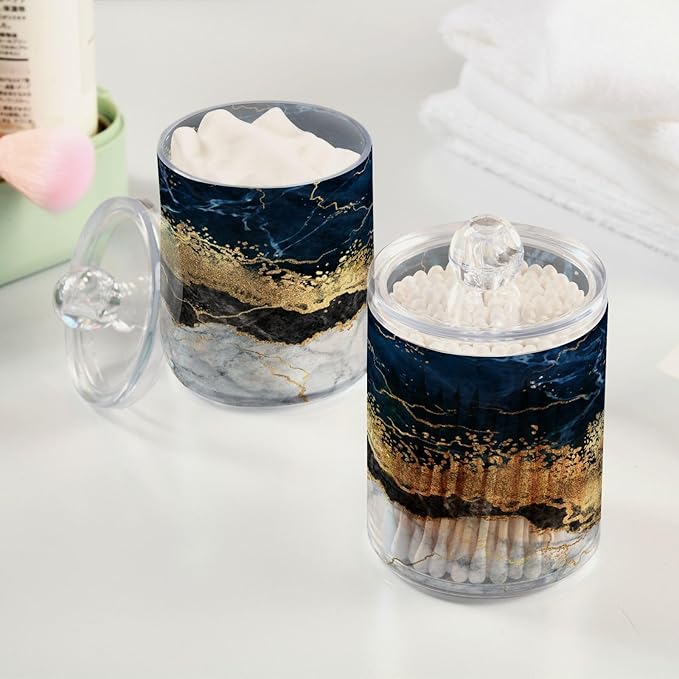 2 Pack Qtip Holder Dispenser Navy Blue Marble Bathroom Storage Canister Lid Acrylic Plastic Apothecary Jar Set Vanity Makeup Organizer for Cotton Swabs/Pads/Floss-CasaMuseHome