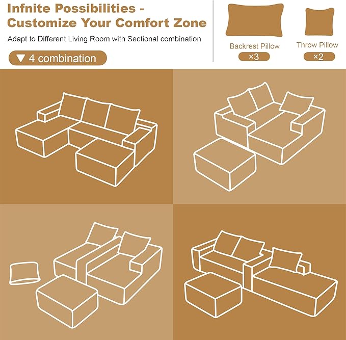 108" Sectional Couches for Living Room Modern Modular Sofa with L-Shape Couchs Upholstered Boneless Couch Deep Seat Sectional Couch with Chaise (Camel, Left Facing Chaise+2Seaters+1Ottoman)-CasaMuseHome