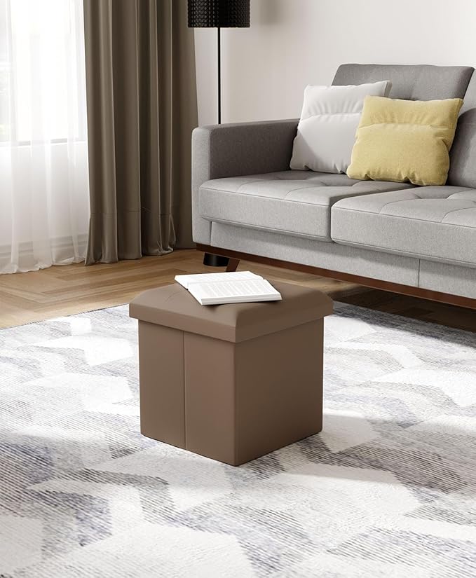 15 Inches Small Folding Storage Ottoman Cube, Storage Footrest, Foot Rest Stool, for Living Room, Bedroom, Dorm, Hallway, Entryway, Brown-CasaMuseHome