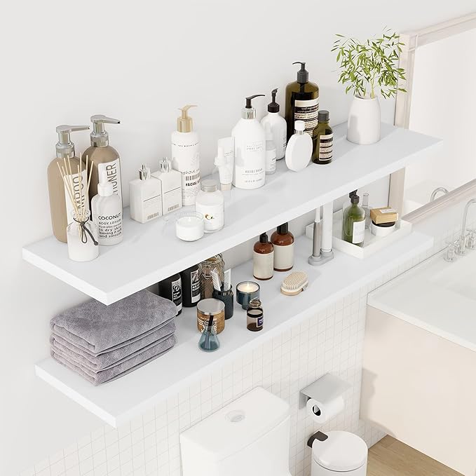 55" Floating Shelves for Wall, 12" Deep Slim White Floating Shelves, Wall-Mounted Shelves for Bedroom, Living Room, Kitchen, Bathroom - Set of 2-CasaMuseHome