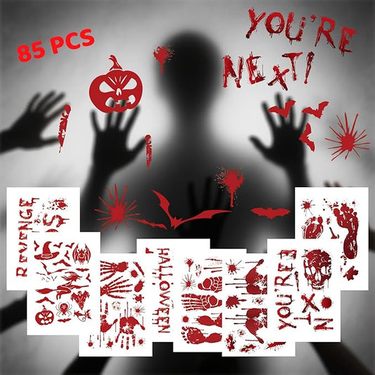8 Sheets Halloween Window Clings, Bloody Handprint Footprint Window Stickers Scary Halloween Decorations Self Adhesive Wall Decal for Party Bathroom Car Door Zombi Restroom Sign Decals-85 Pcs-CasaMuseHome