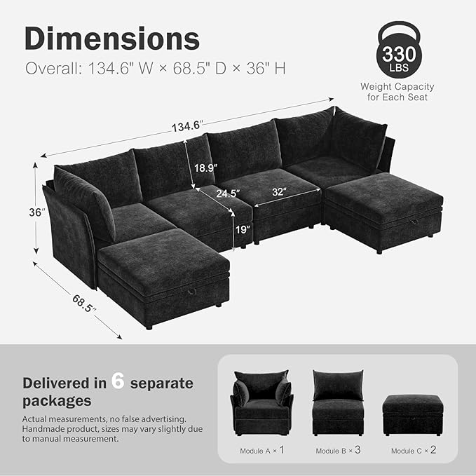 134.6" Oversized Modular Sectional Sofa, 6 Seater U Shaped Couch with Storage Ottoman with Reversible Chaise Deep Seat for Living Room, Apartment - Chenille Black-CasaMuseHome
